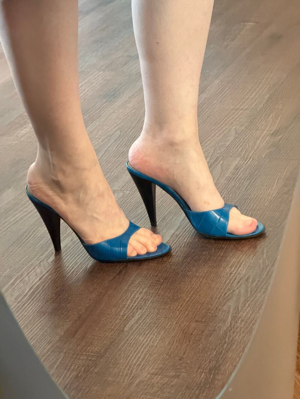 Vintage Celine Blue Croc Embossed Leather Heeled Mules 38.5